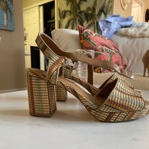 Woven Patterned Block Heels with Ankle Strap